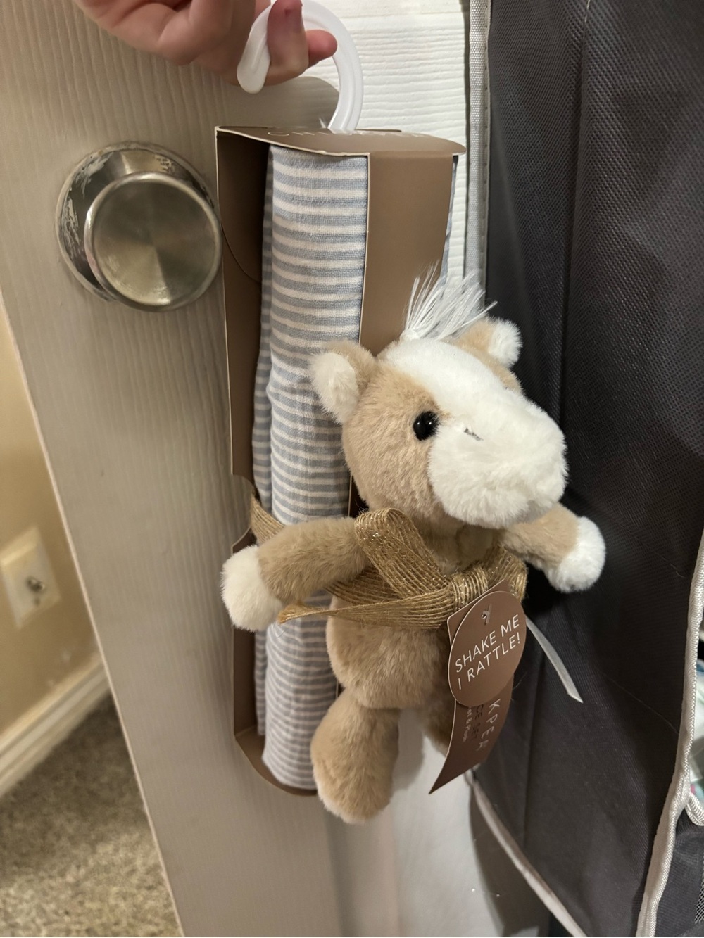 chickpea Muslin Blanket & Plush Rattle Set in Brown and White
